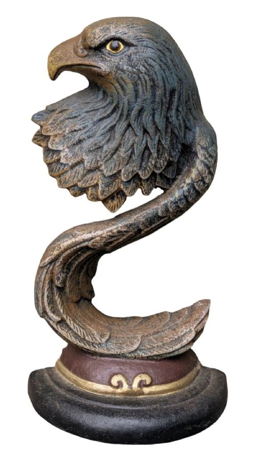 A cast iron doorstop styled as a sculpted eagle head resting on a stylized curved feather base set upon a round plinth. View III