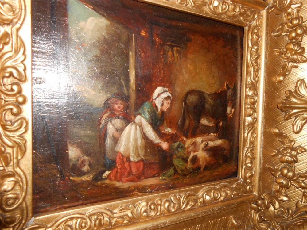 Early Victorian Oil Painting, After George Morland, Woman Feeding Pigs, c. 1840