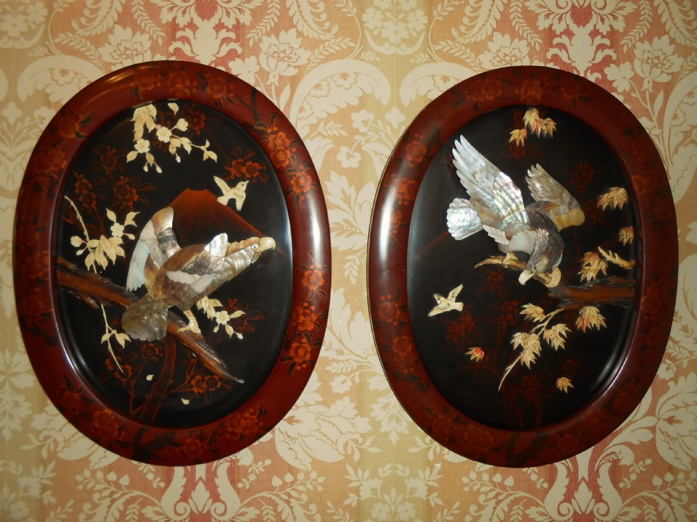 Pair of Meiji Period Japanese Eagle Shibayama Plaques in Lacquer Frames