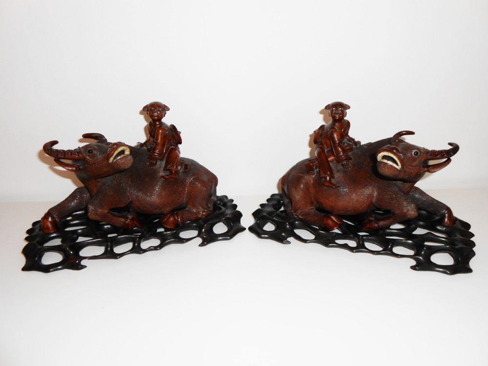 Pair 19th Century Japanese Carved Buffaloes