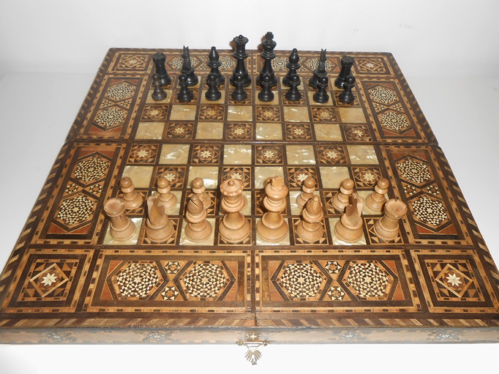 Inlaid Walnut & Mother of Pearl Victorian Chess Games Board