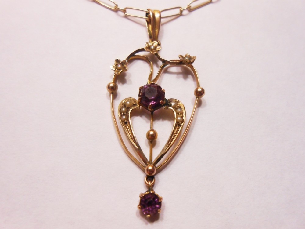 Art Nouveau Amethyst and Seed Pearl Necklace, 9ct Gold