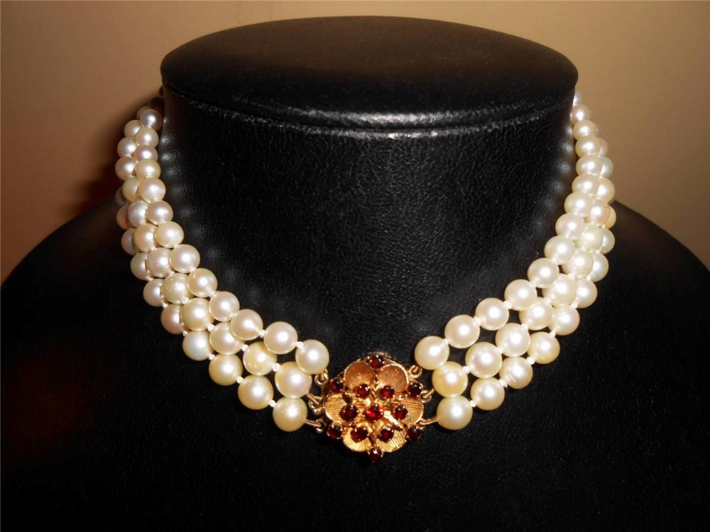Cultured Pearl Three Strand Choker with 9 Carat Gold Garnet Clasp