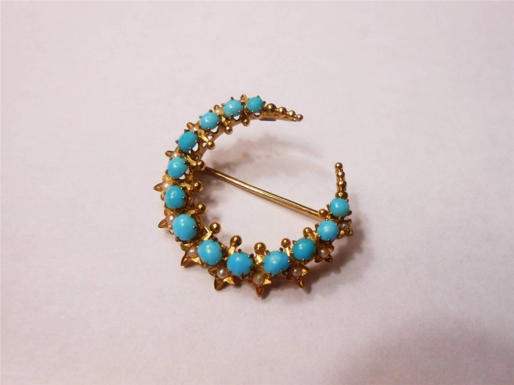Victorian Turquoise and Seed Pearl Crescent Brooch