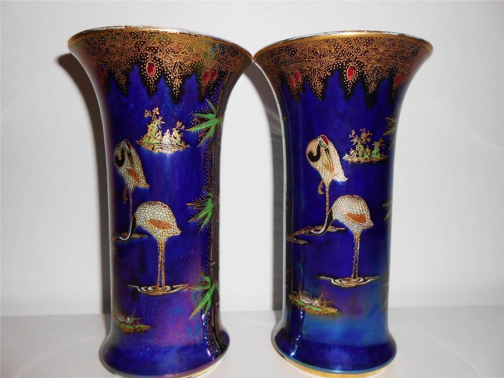 Pair of Carlton Ware Stork & Bamboo Pattern Lustre Vases