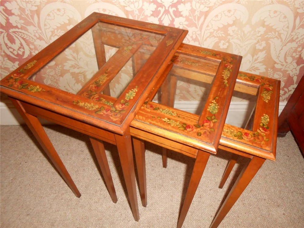 Edwardian Satinwood Hand Painted Nest of Tables