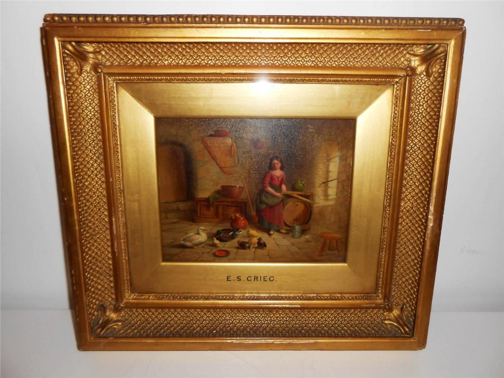 E S Greig, Young Girl in Cottage with Ducks, Signed
