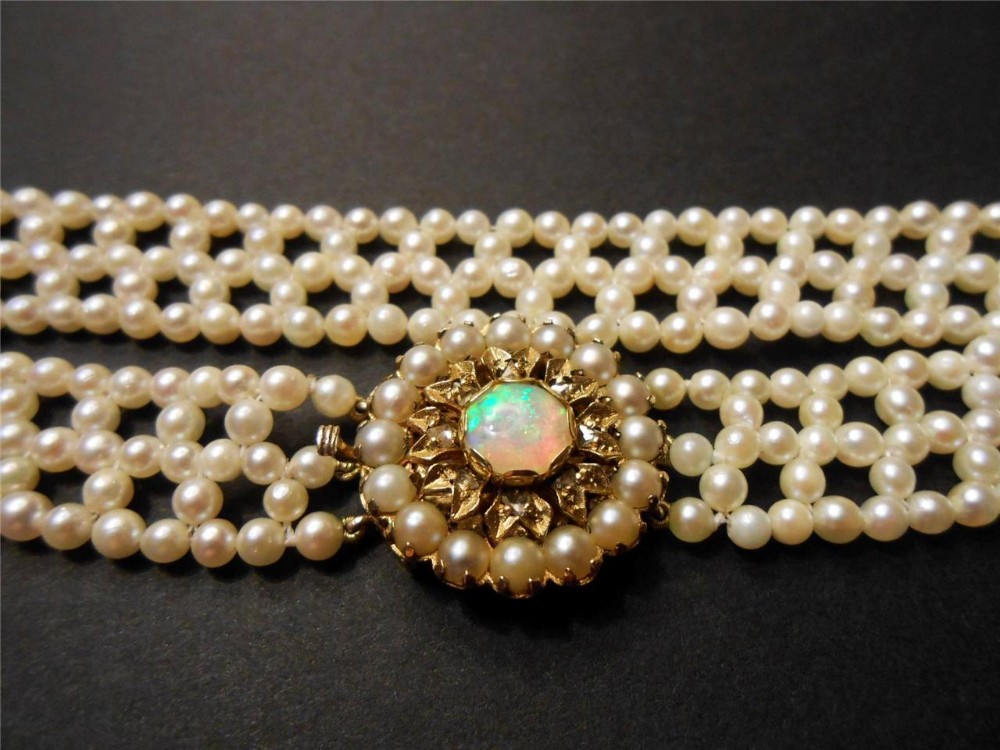 Cultured Pearl Choker Diamond Opal and Seed Pearl Clasp, 9ct