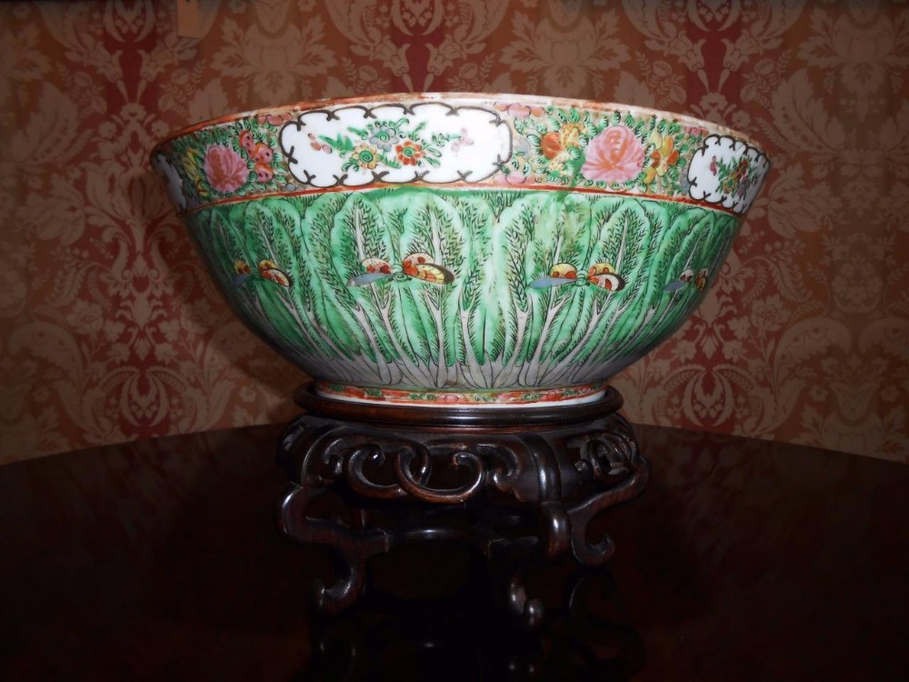 Large 19th Century Cantonese Porcelain Punch Bowl on Stand