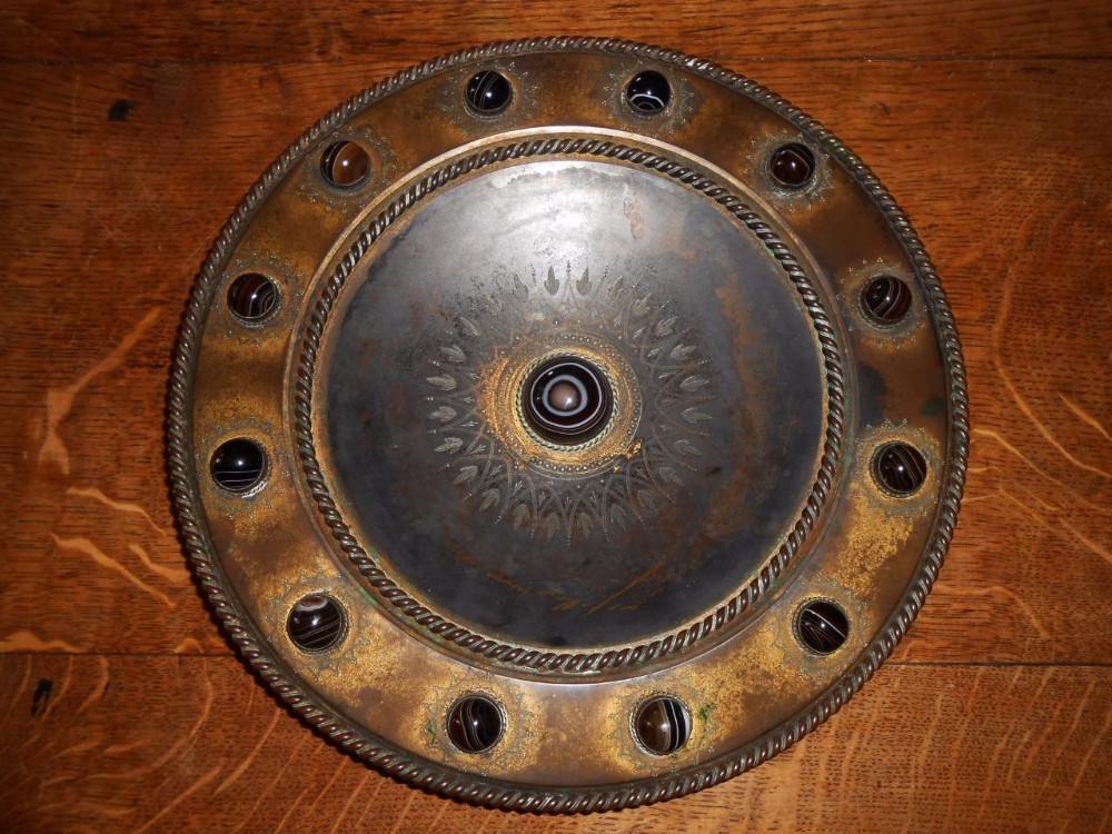 Bronze Ecclesiastical Gothic Circular Charger with Agate Cabochons