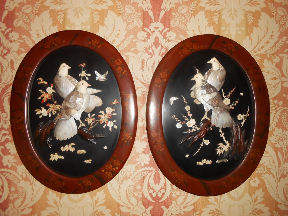 Pair of Beautiful Japanese Shibayama Dove Panels in Lacquer Frames 19th Century