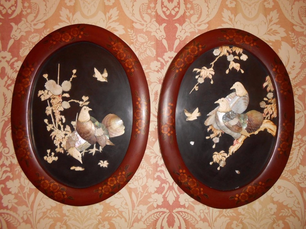 Pair of Beautiful Japanese Shibayama Dove Panels in Lacquer Frames 19th Century