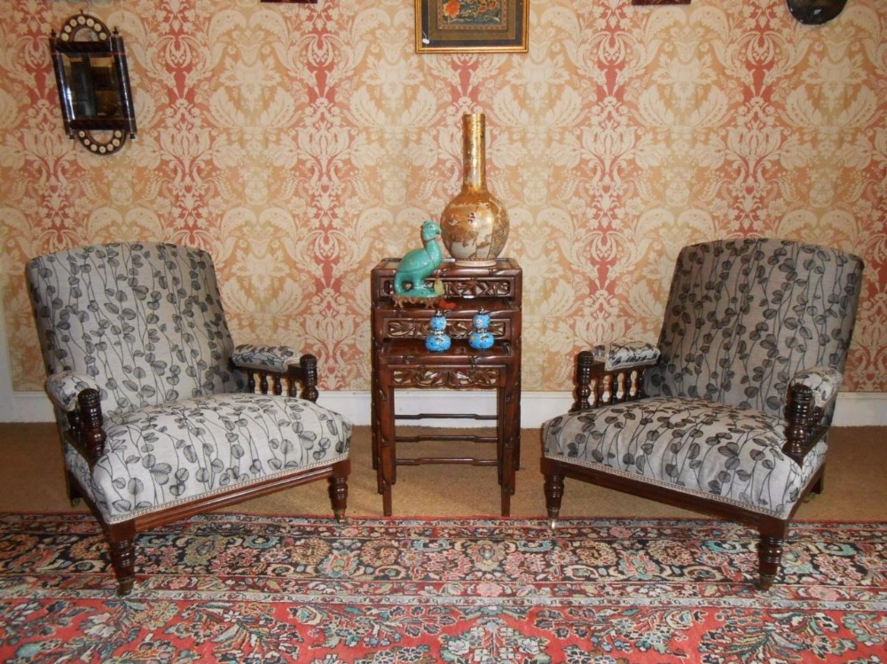 Pair of Victorian Aesthetic Rosewood Library Armchairs