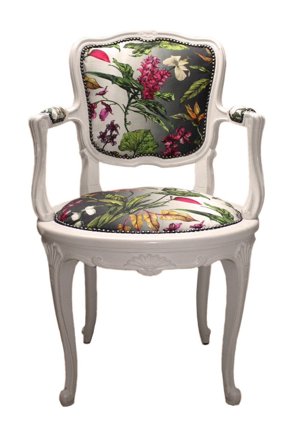 French White Early 20th Century Armchair Upholstered in a Colourful Tropical Fabric