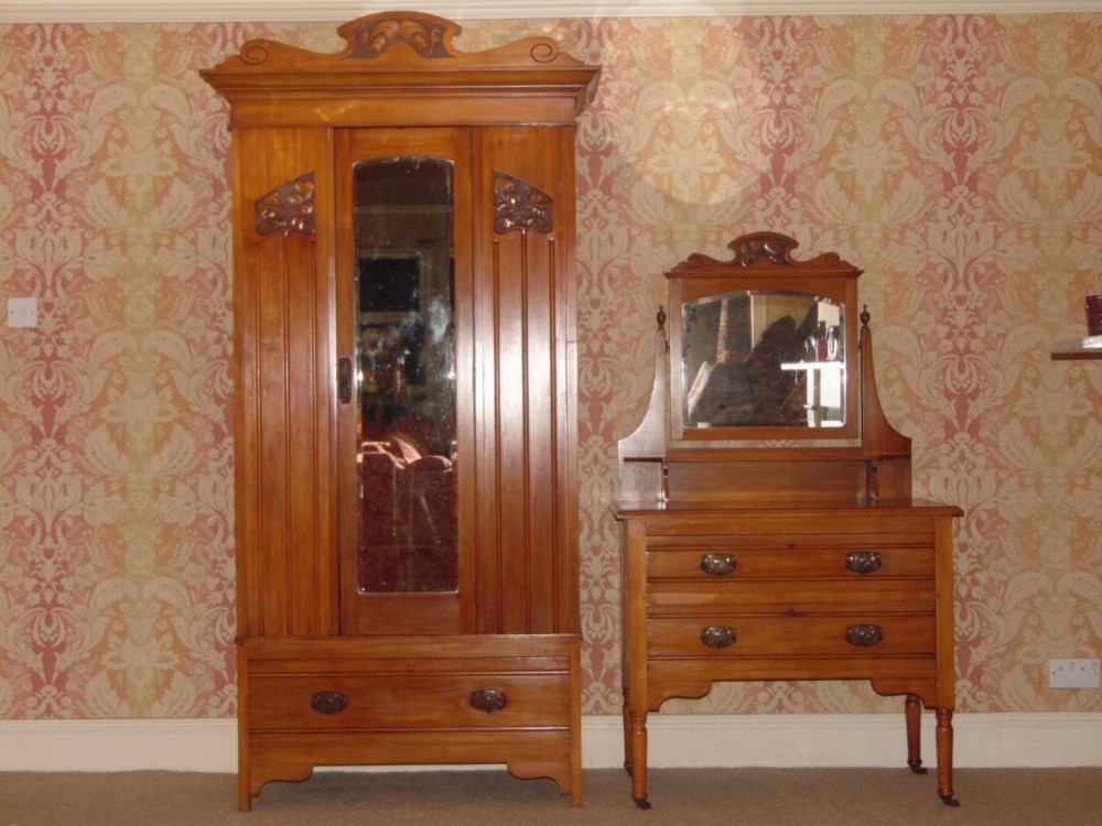 Late Victorian Satin Walnut Wardrobe & Matching Dressing Table