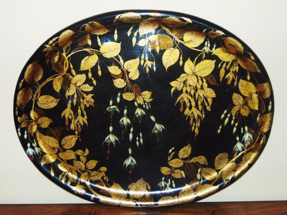 Beautiful Victorian Papier Mache Hand Painted Oval Tray