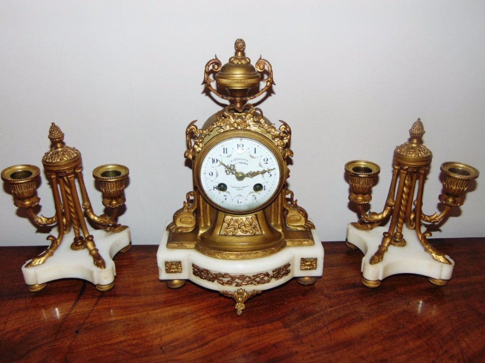 Victorian French Gilt Metal Mantle Clock Garniture