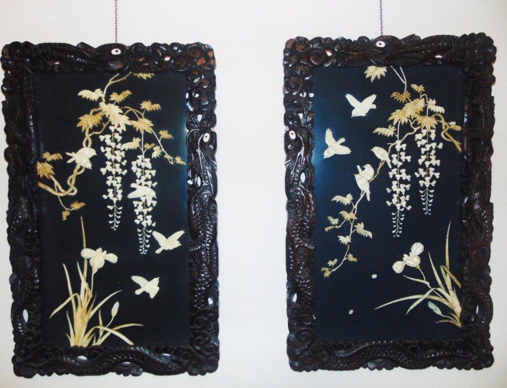Stunning Pair of Japanese Mejii Period Shibayama Lacquer Panels