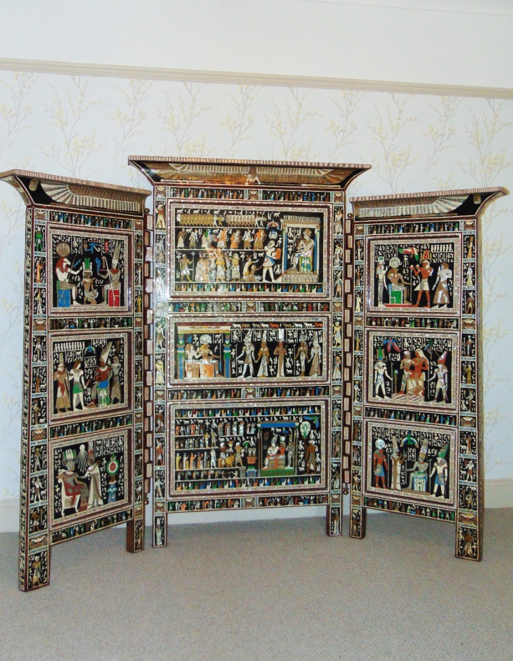 Outstanding Egyptian Revival Lacquered & Inlaid Three Fold Screen