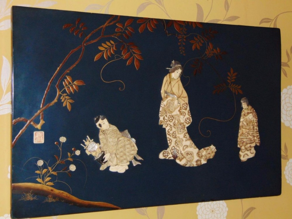 Good Large Signed Japanese Meiji Blue Lacquer Shibayama Plaque