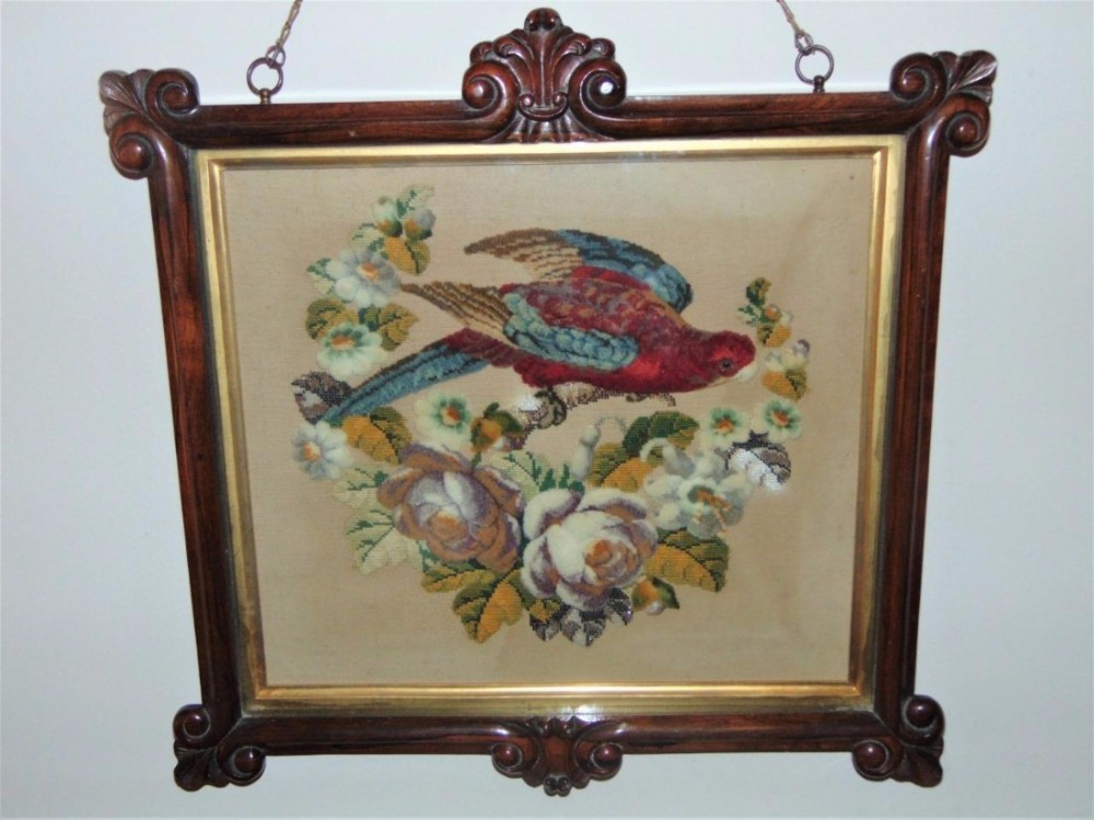 Rare 19th Century Tapestry Woolwork Parrot in Good Quality Rosewood Frame