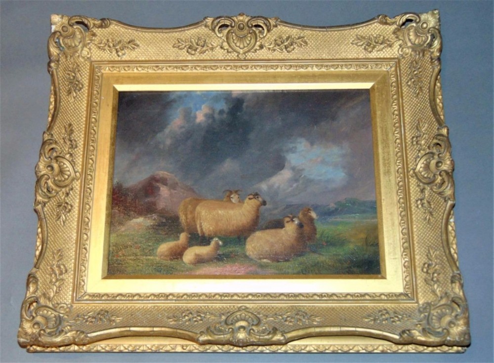 Sheep in a Stormy Landscape 19th C Oil on Canvas