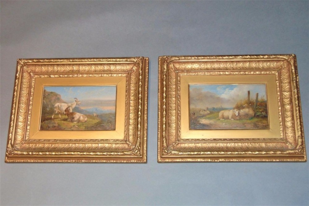 Pair of 19th C Oils on Board Goats & Sheep R. Benedict