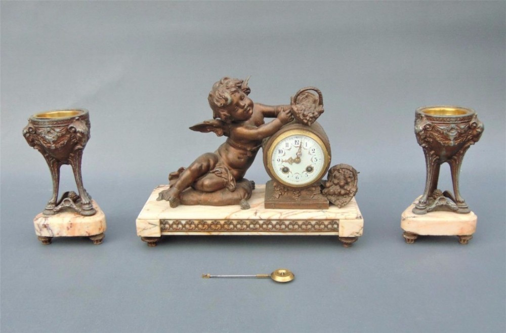 Victorian French Marble & Spelter Cherub Mantle Clock Garniture
