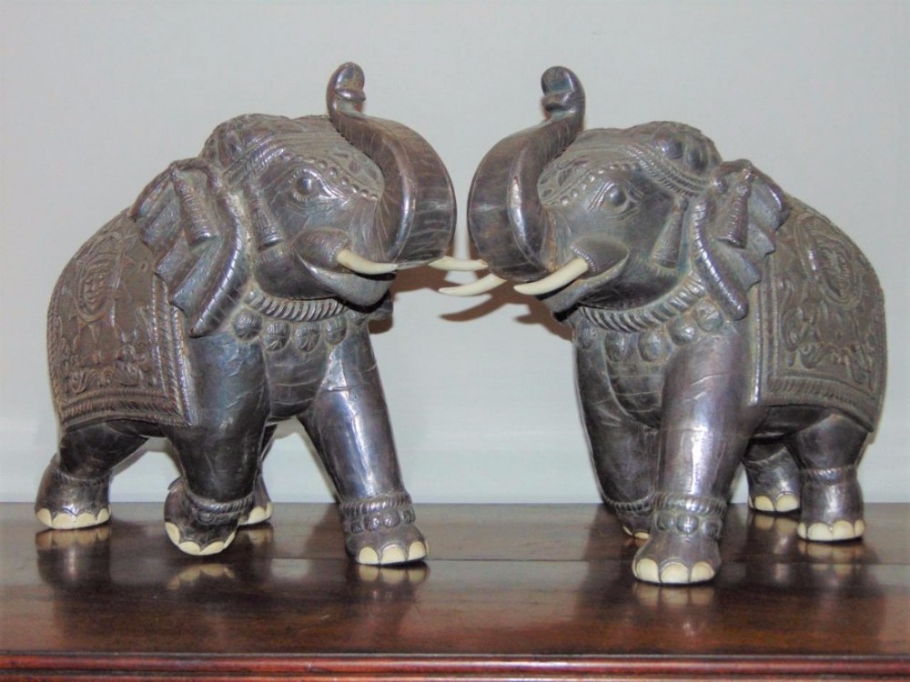 Fabulous Pair of Large Early 20th Century White Metal Indian Elephants