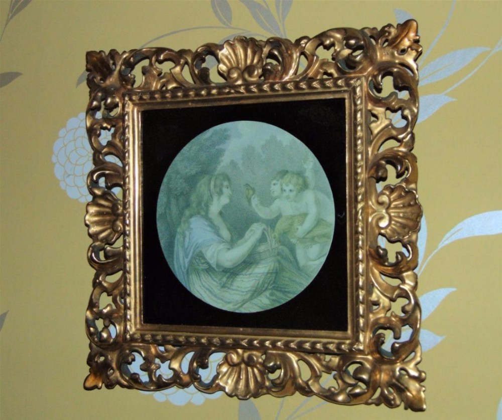 Antique Engraving in Hand Carved Florentine Water Gilded Frame