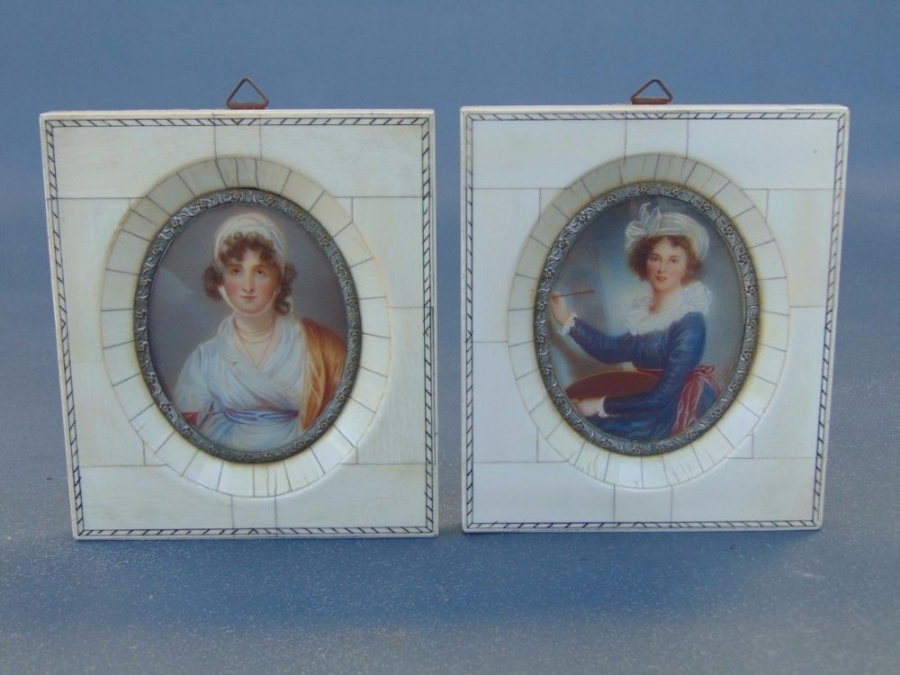 Pair of Early 20th Century Miniature Watercolour Portraits in Ivory Frame