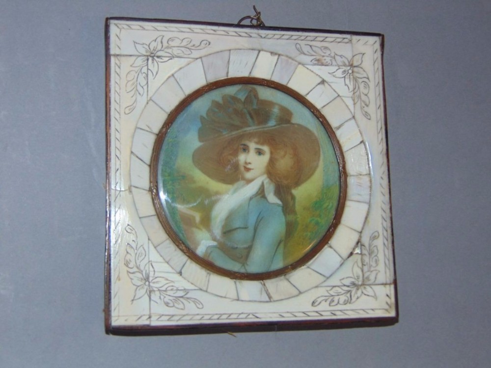 19th Century Miniature Watercolour Portrait on Ivory in Piano Key Frame