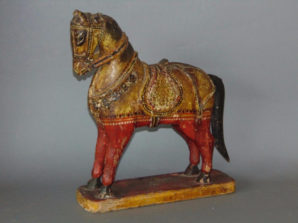 19th Century Folk Art Painted Wooden Polychrome Horse South American
