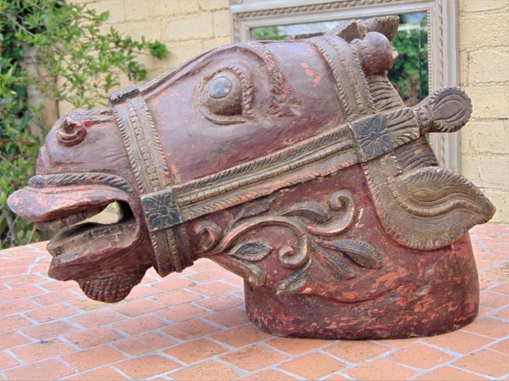 Painted Wooden Polychrome Indo-Persian Horse Head 19th Century Vahana