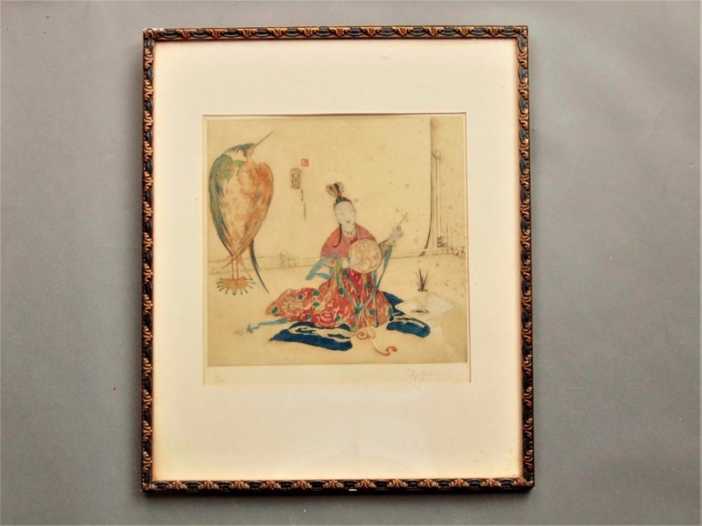 Signed Elyse Ashe Lord Coloured Etching Heron and Chinese Girl