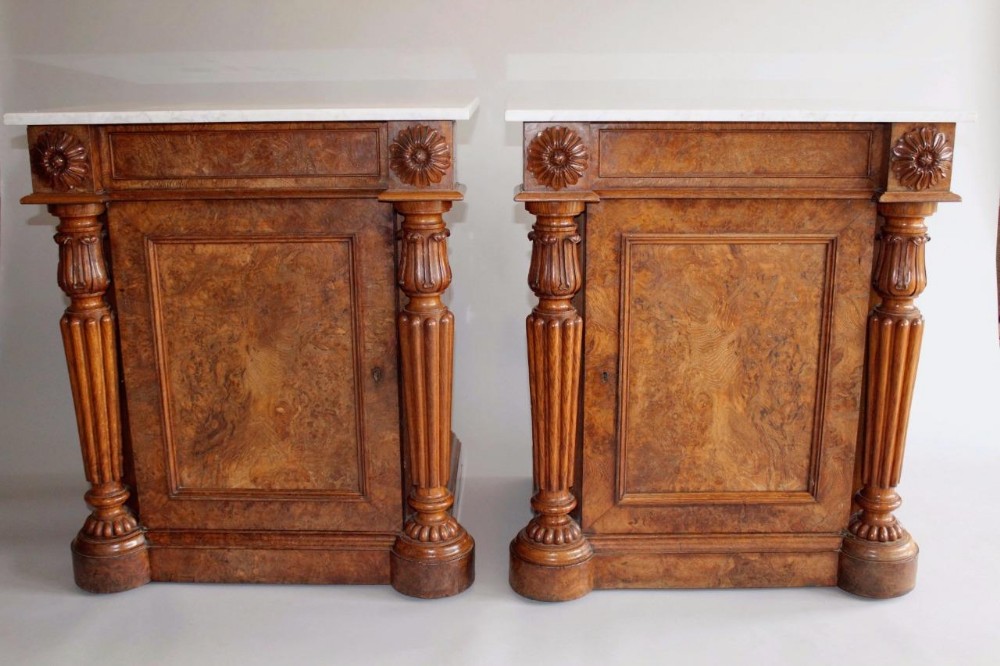Impressive Pair of Antique Gillows Walnut & Marble Cabinets