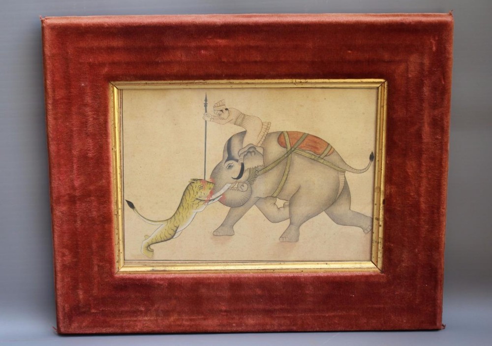 Hand Coloured Indian Print Elephant and Tiger Velvet Frame