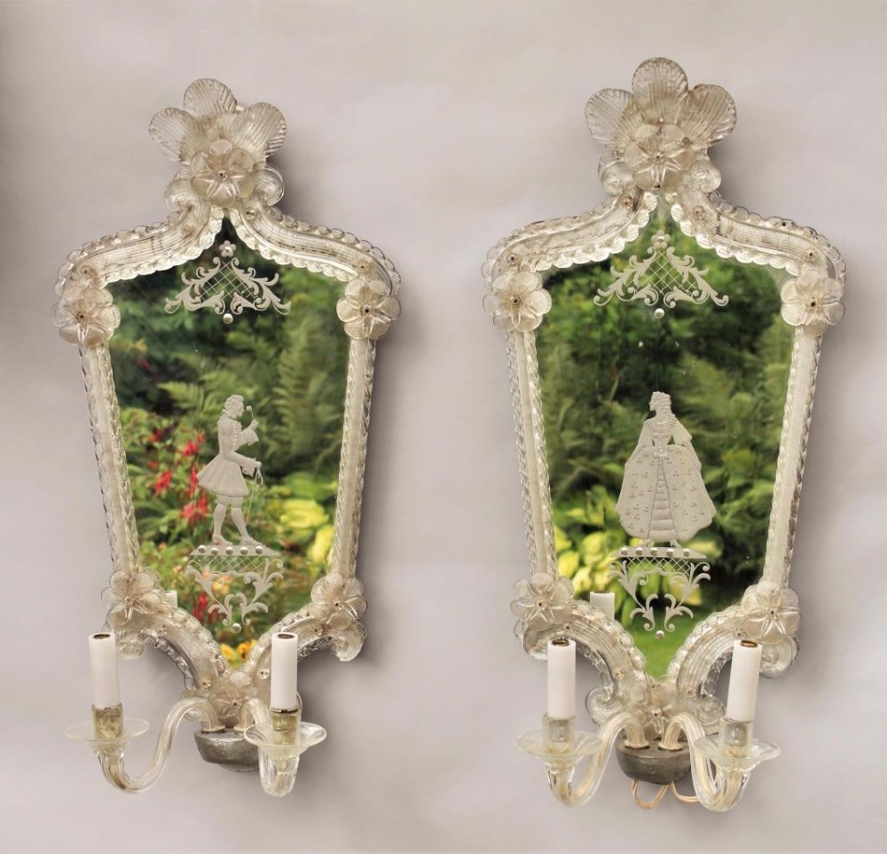 Rare Pair of Pretty Antique Venetian Girandole Mirrors