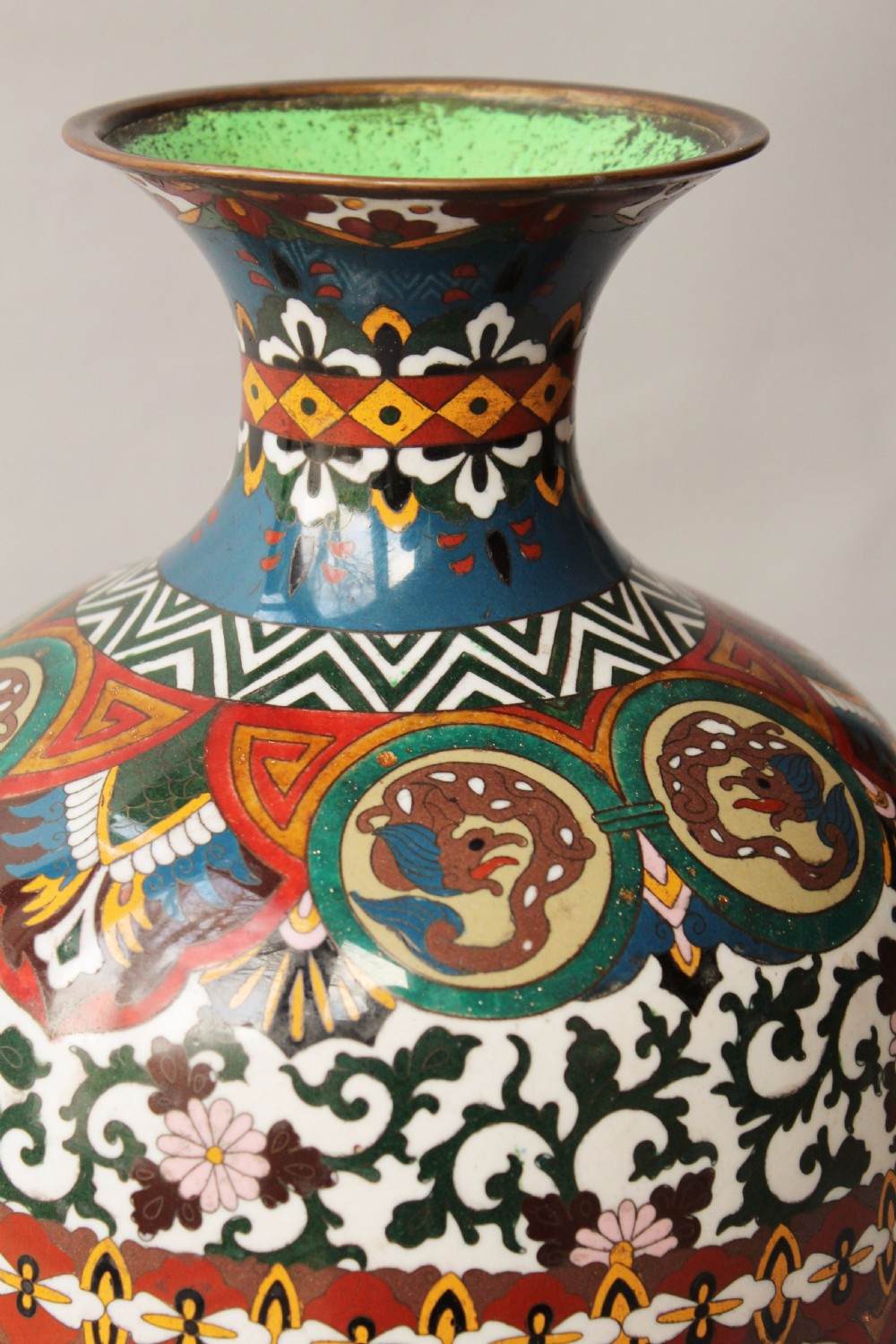 Very Large Antique Japanese Cloisonne Vase Dragon and Phoenix View IV
