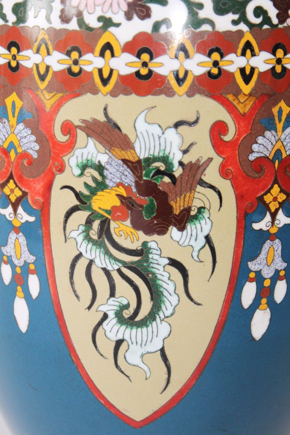 Very Large Antique Japanese Cloisonne Vase Dragon and Phoenix View V