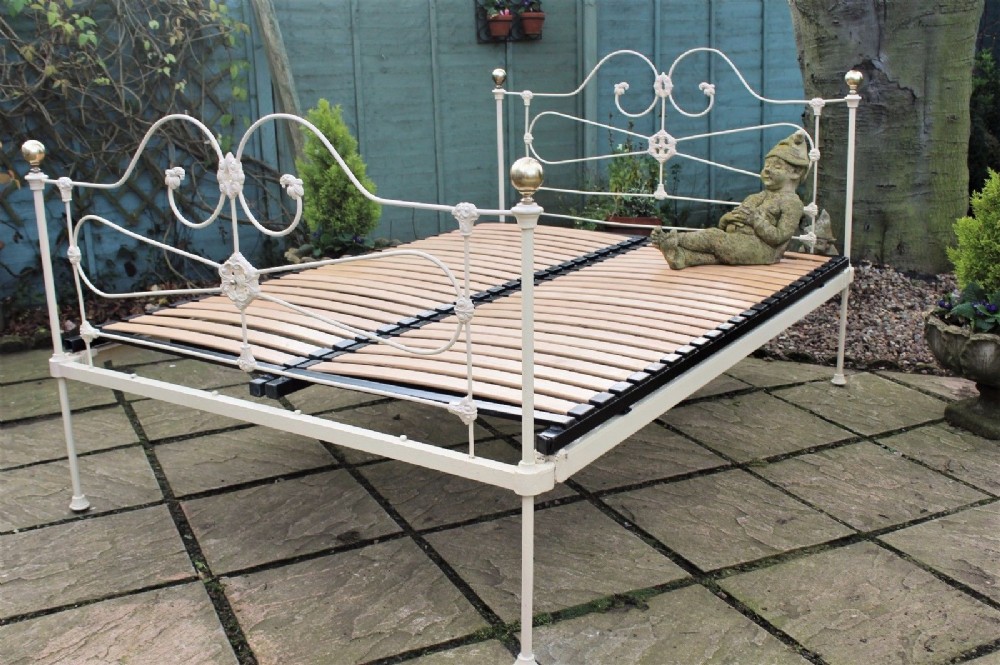 Pretty Victorian Cast Iron Double Bed Painted Ivory