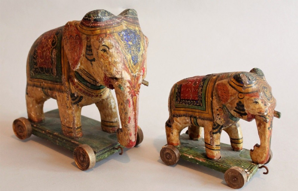 Antique Indian Painted Elephants Toys Folk Art