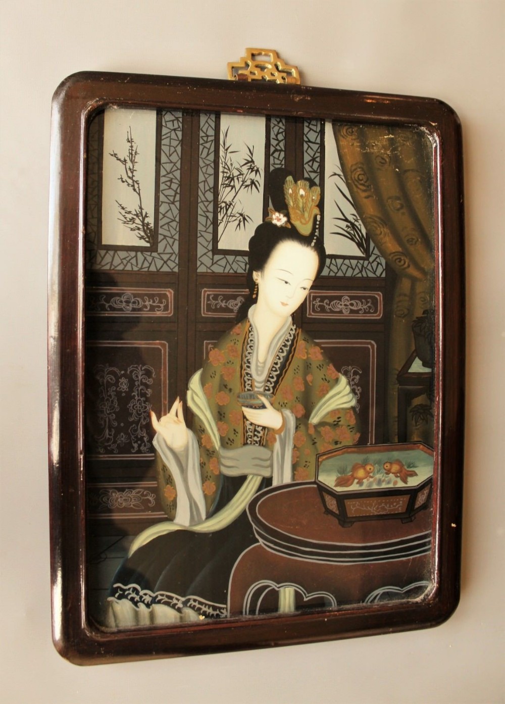 Antique Chinese Painting on Glass Girl with Koi Fish