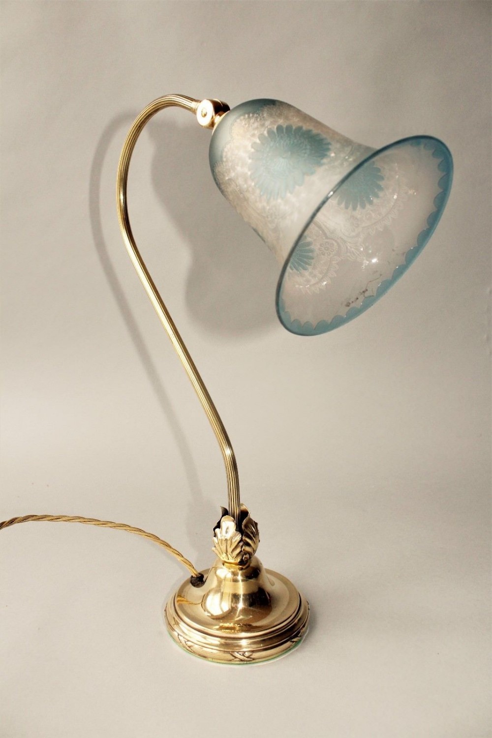 Pretty Victorian Table Lamp with Etched Blue Glass Shade