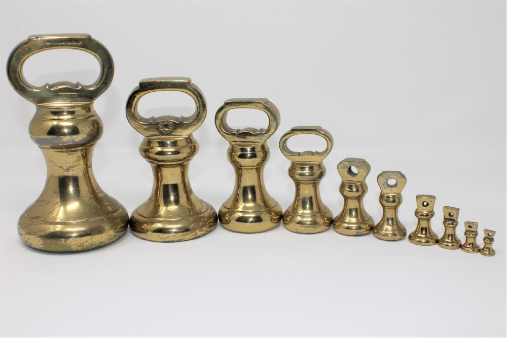 Good Set of Ten 19th Century Brass Weights by Parnall & Sons of Swansea