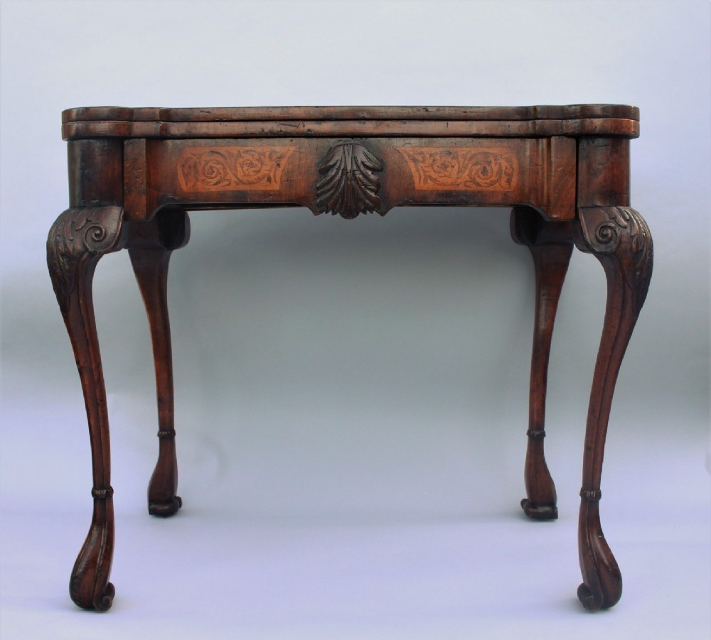 18th Century Walnut Inlaid Card Table With Leather Interior
