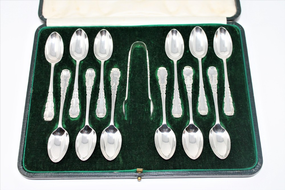 Quality Set of Boxed Silver Coffee Spoons and Tongs, Mappin & Webb 1921