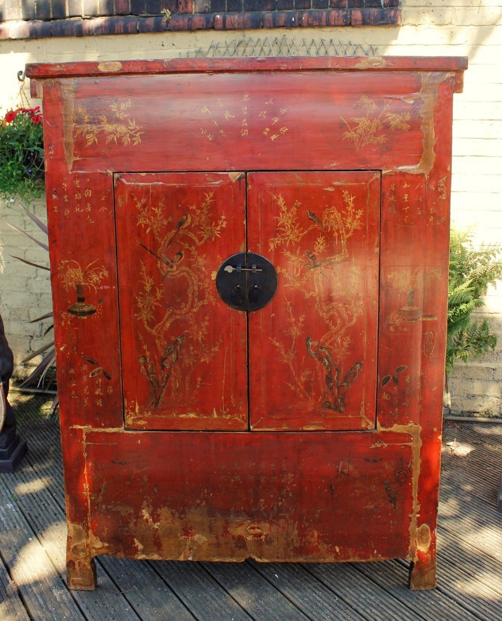 Chinese Red Lacquer Elm Marriage Cabinet 19th Century