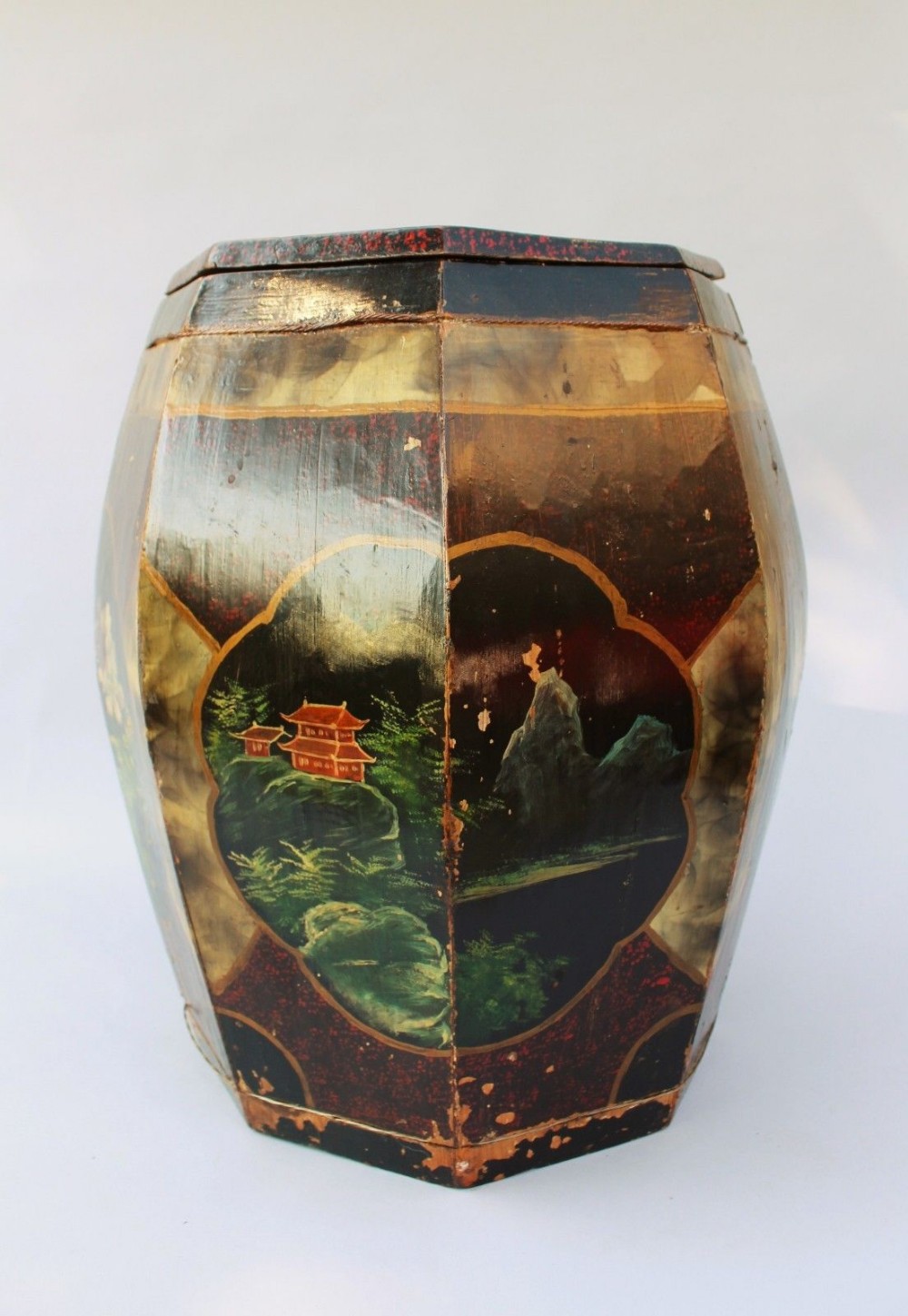 Chinese Lacquered Wooden Barrell Stool