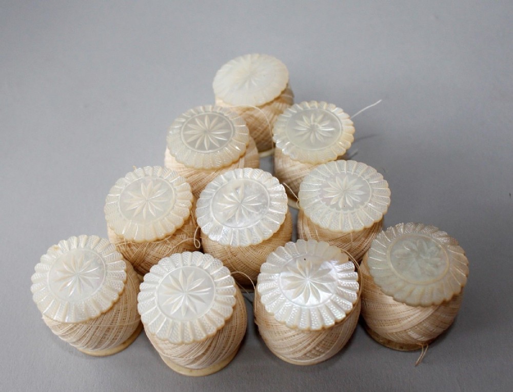Set of 10 Antique Mother of Pearl Lace Thread Bobbins